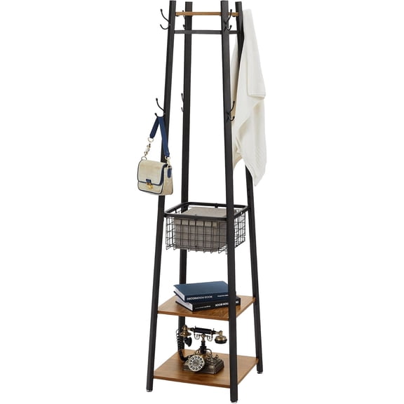 Coat Rack Freestanding,Hall Tree with Metal Basket and Storage Shelves,Industrial Coat Rack Stand with 8 Hooks for Hanging Coats/Hats/Bags/Umbrellas,18 x 18 x 72 In,Vintage Brown