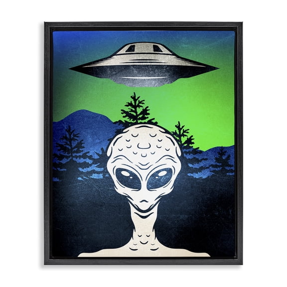 Stupell Industries Alien and UFO Scene Fantasy & Sci-Fi Painting Black Floater Framed Canvas Art Print Wall Art, 17 x 21