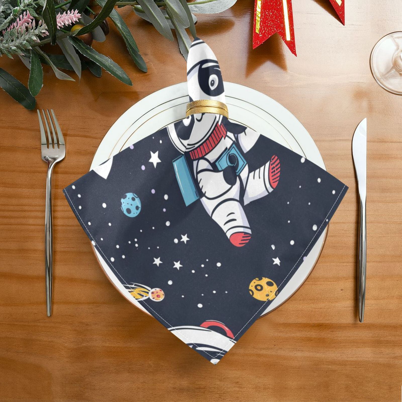 JSTEL Astronaut Panda Planet Cloth Napkins Set of 6, 20x20 Inch Washable and Reusable Napkin for Decoupage Dinner Party Everyday Use