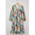 thumbnail image 5 of Women's Sky Blue Floral Checkered Bubble Sleeve Ruffle Hem Dress - Casual V Neck with Pockets | L, 5 of 12