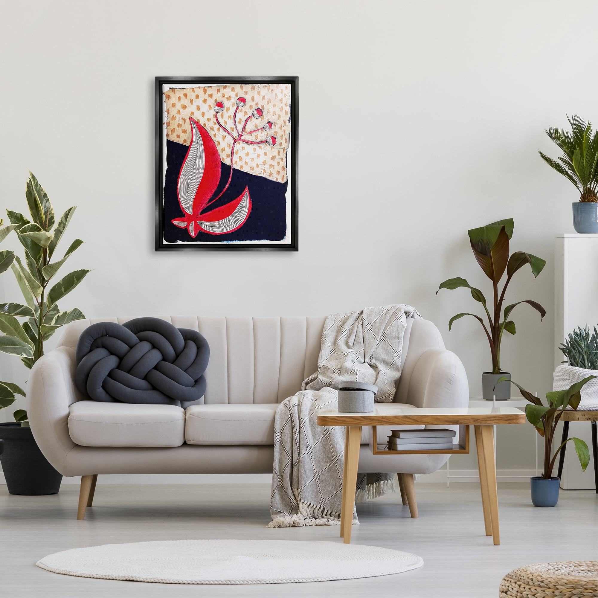 Stupell Industries Abstract Boho Flower Botanical & Floral Painting Black Floater Framed Canvas Art Print Wall Art, 25 x 31