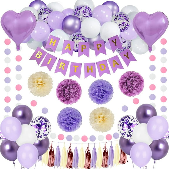Birthday Decorations for Women, Purple Birthday Party Decorations with White Balloons, Happy Birthday Banner for Bridal Shower, Wedding