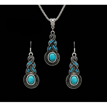Necklace Pendant Brooch Earrings (Necklace Earrings Women Ethnic Blue Crystal Tibetan Silver Pendant Necklace Earrings Turquoise Jewelry)