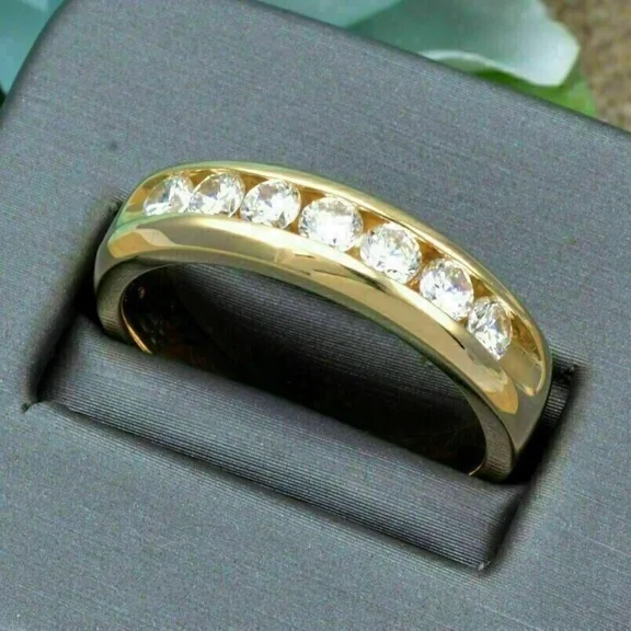 2 CT Round Cut White Moissanite Men's Wedding Band Ring 14K Yellow Gold Plated