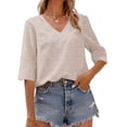 thumbnail image 3 of Summer Solid Color Women V-neck Casual T-shirt Half Sleeve Simple Tops, 3 of 4