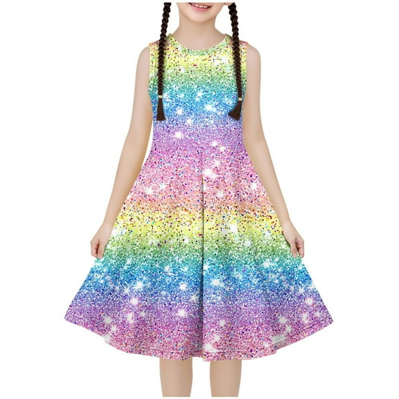 IFNWSV Girls Dance Dress Sleeveless Round Neck Floral Print A Line Waist Cinched Casual Summer Swing Dress Pink 5 Years