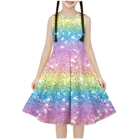 Ugoldhm Girls Casual Dresses Breathable Cute Print Boho Dress Sleeveless A-Line Dress Summer Outfits Size 4-14