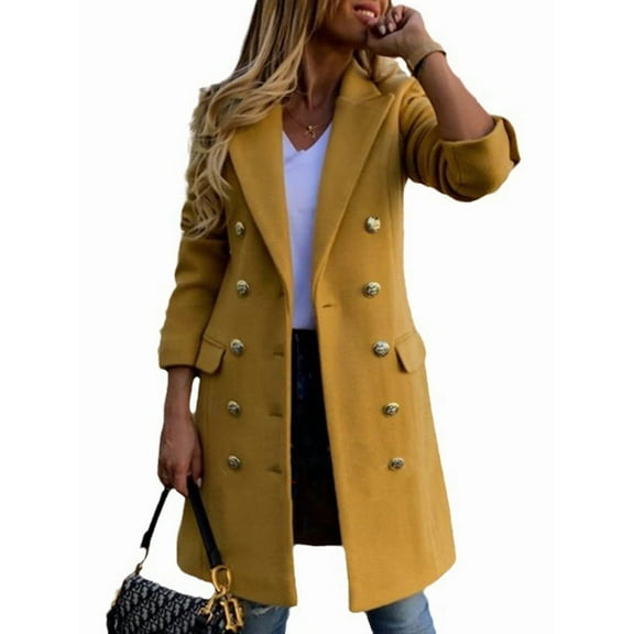 Women Fall Winter Wool Coats Double Breasted Midi Peacoat Trench Coats Yellow XXXL