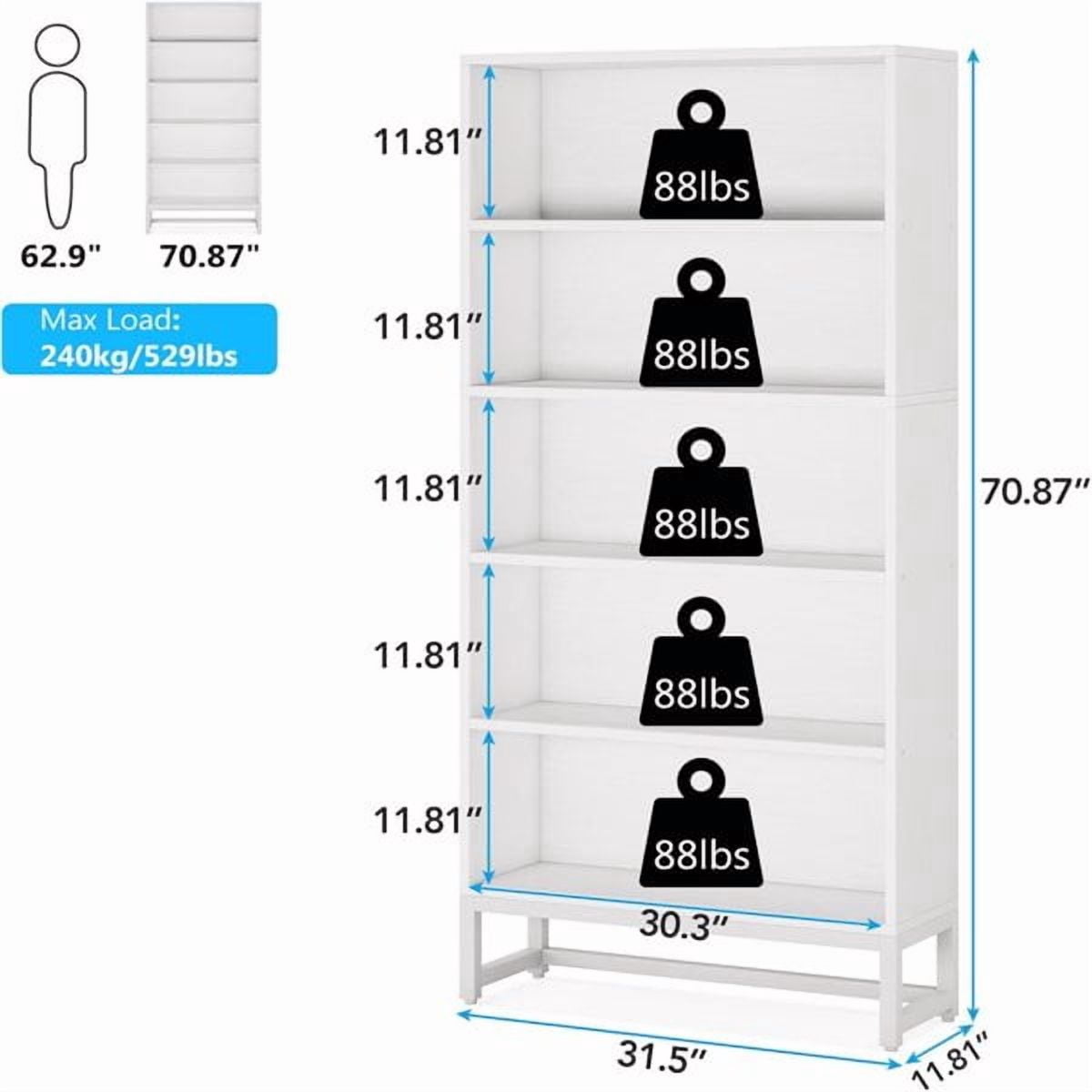 5-Tier Heavy-Duty Bookshelf, 529lb Total Capacity, Anti-Tip Kit & Adjustable Feet, for Living Room/Library/Home Office