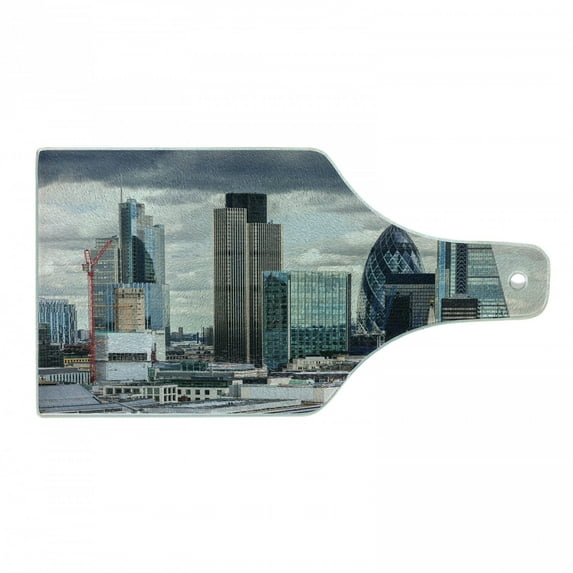 Urban Cutting Board, London England Skyline Buildings and Skyscrapers and Cloudy Sky Modern Capital City, Tempered Glass Cutting and Serving Board, Wine Bottle Shape, Multicolor, by Ambesonne