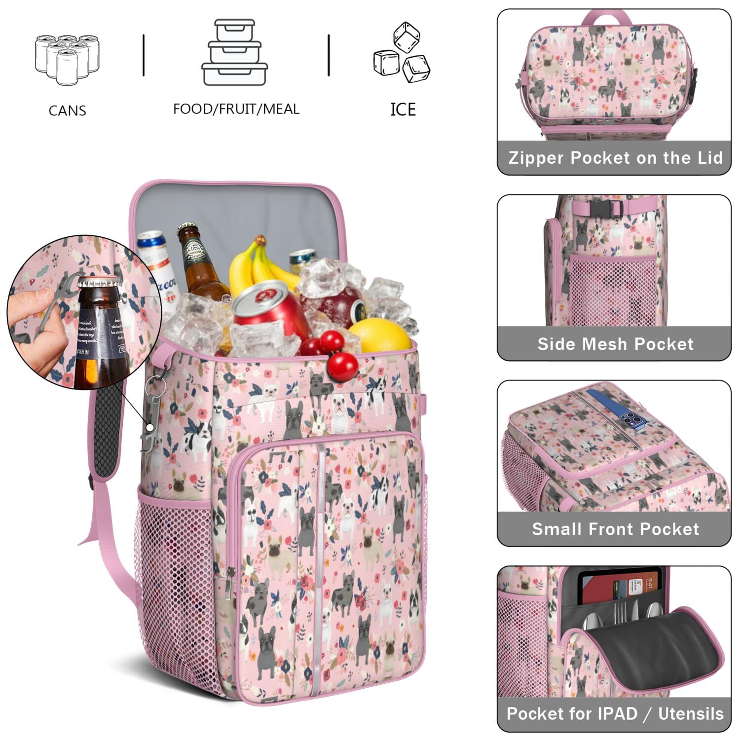 Travel Cooler Bag - French Bulldog Dog Pattern with Flowers Camping Beer Cooler Backpack with Bottle Opener- Waterproof Insulated Picnic Backpacks - Cooler Bag for Beach