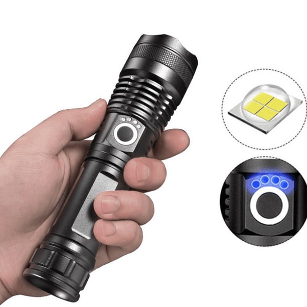 Antorcha de luz para exteriores, linterna de luz fuerte impermeable, recargable por USB, linterna LED de alta potencia p70