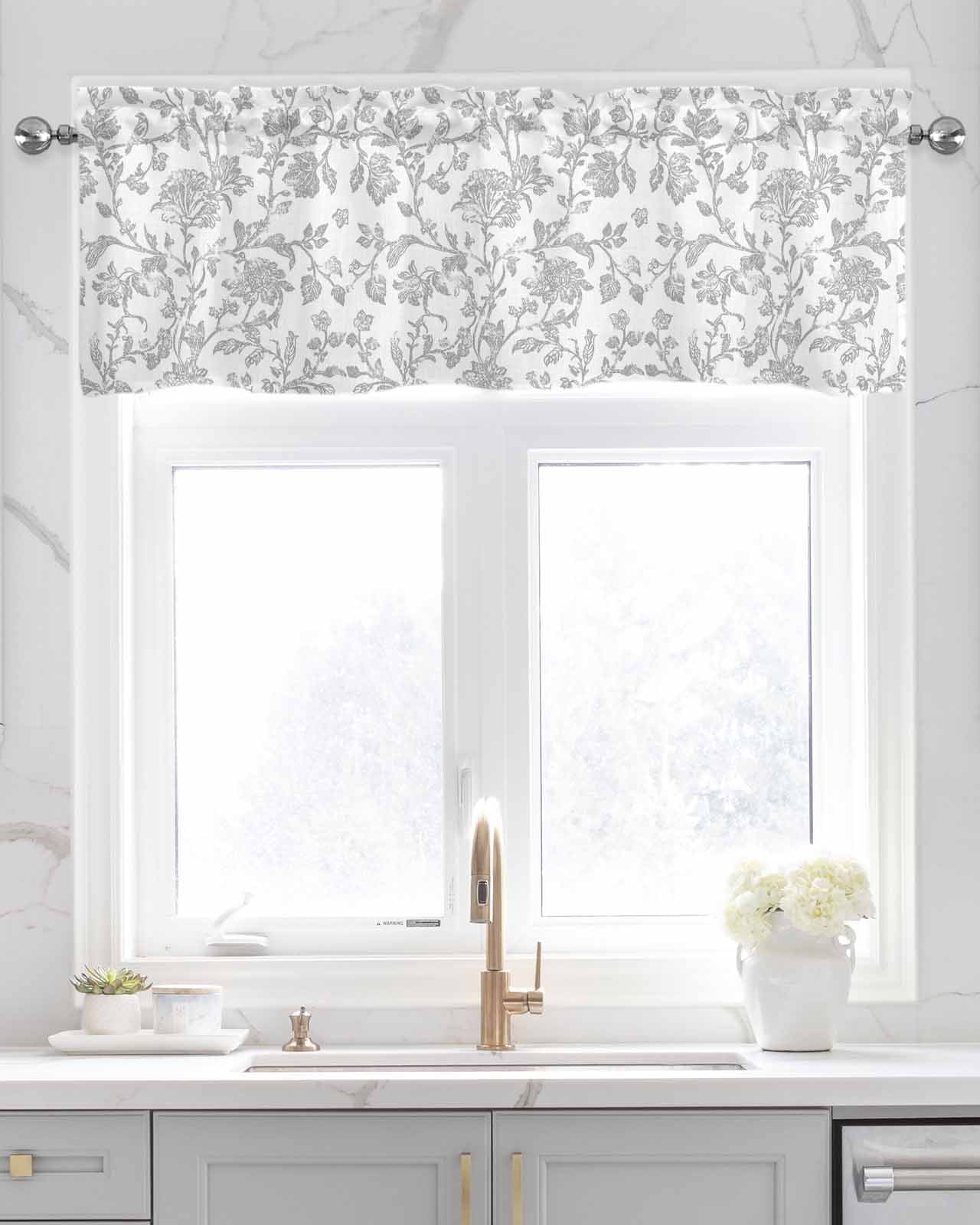 Boho Gray Flower Kitchen Valances for Windows Farmhouse Linen Window Valance Curtain for Living Room Window Treatment Vintage Farmhouse Leaf Spring Plant Valance Rod Pocket Topper Drape, 42 x 18 Inch