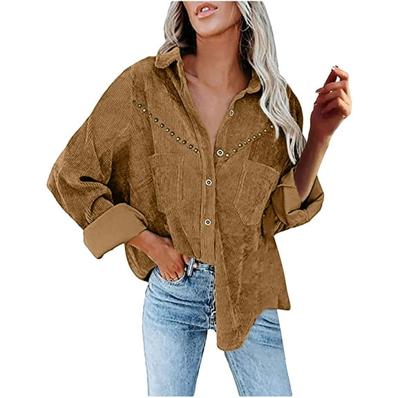 IROINNID Women's Corduroy Jacket Turndown Lapel Solid Color Long Sleeve Loose Pockets Buttons Tops Outerwear Corduroy Jacket Coat, Brown