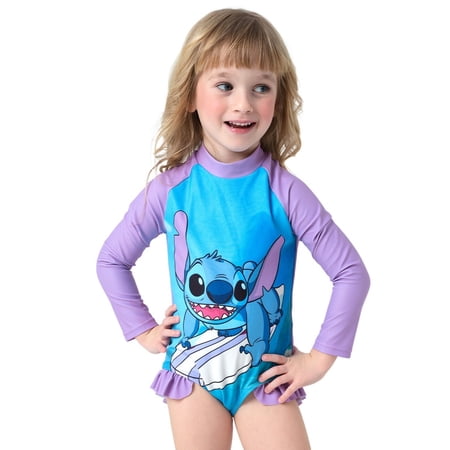 Disney Stitch Girls Swimsuit Rash Guard Graphic Long Sleeves Bathing Suits Red Toddler 4-5T
