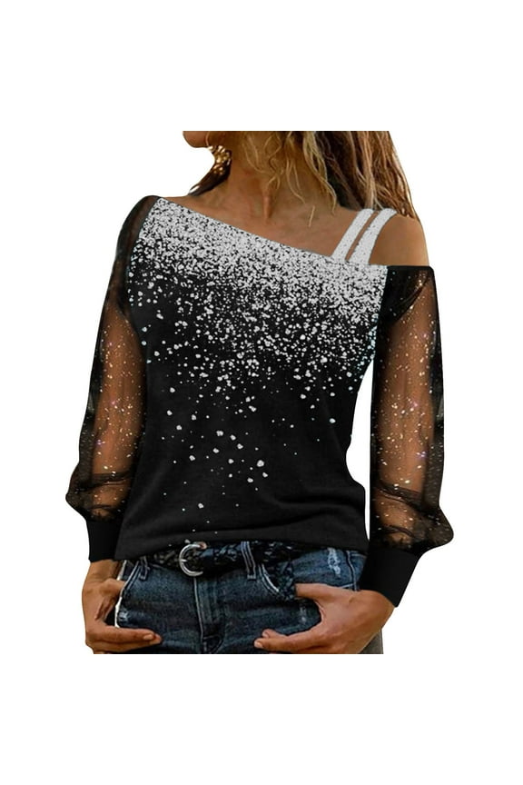 Women Shirt Dressy One Shoulder Glitter Tops with Patchwork Mesh Sleeve Shiny Glitter Tunic Tops