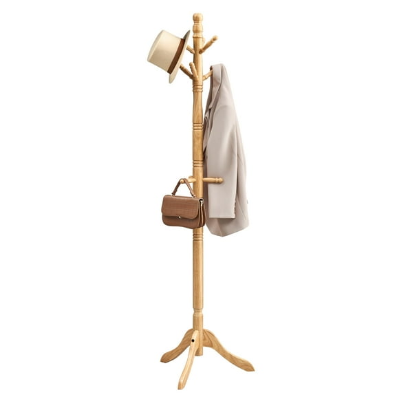 VASAGLE Portemanteau en Bois Massif avec Support, Arbre à Manteaux Autoportant avec 10 Crochets pour Chapeaux, Sacs, Sacs à Main, pour Entrée, Couloir, Bois de Caoutchouc, Beige Naturel URCR003Y01