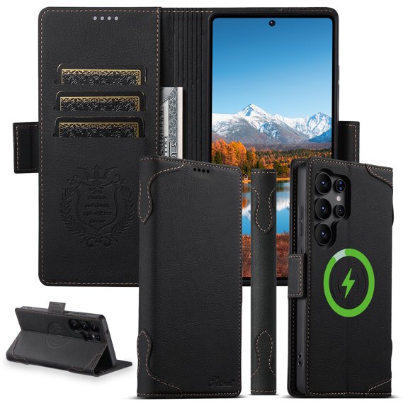 Compatible with Samsung Galaxy S24 Ultra, Wallet Case with Magsafe PU Leather Card Slots & Cash Pocket Magnetic Closure Kickstand Function Flip Phone Case Cover for Samsung Galaxy S24 Ultra, Black
