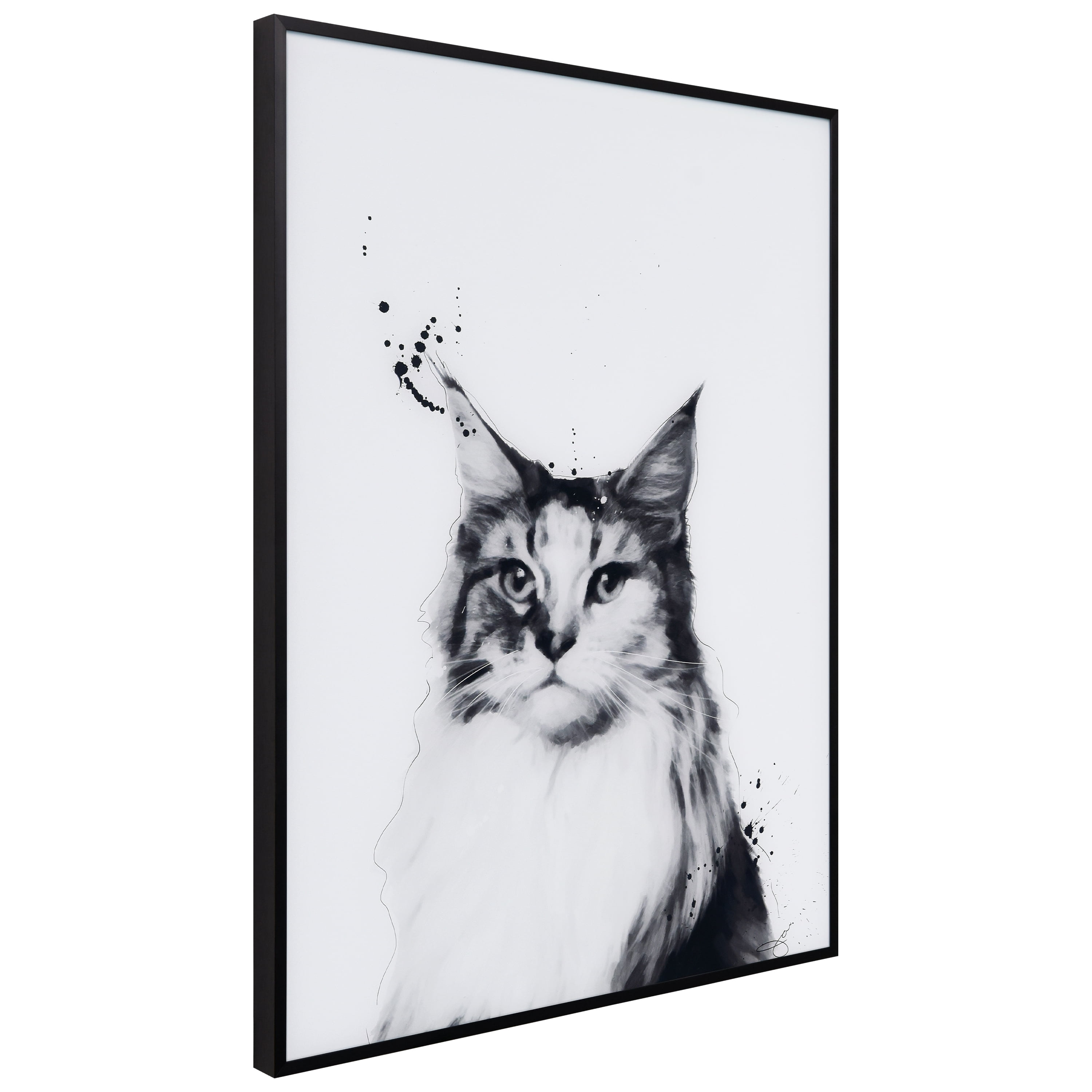 "Siberian Cat" Black and White Pet Portraits on Reverse Printed Art Glass, Minimally Encased on Black Anodized Aluminum Frame