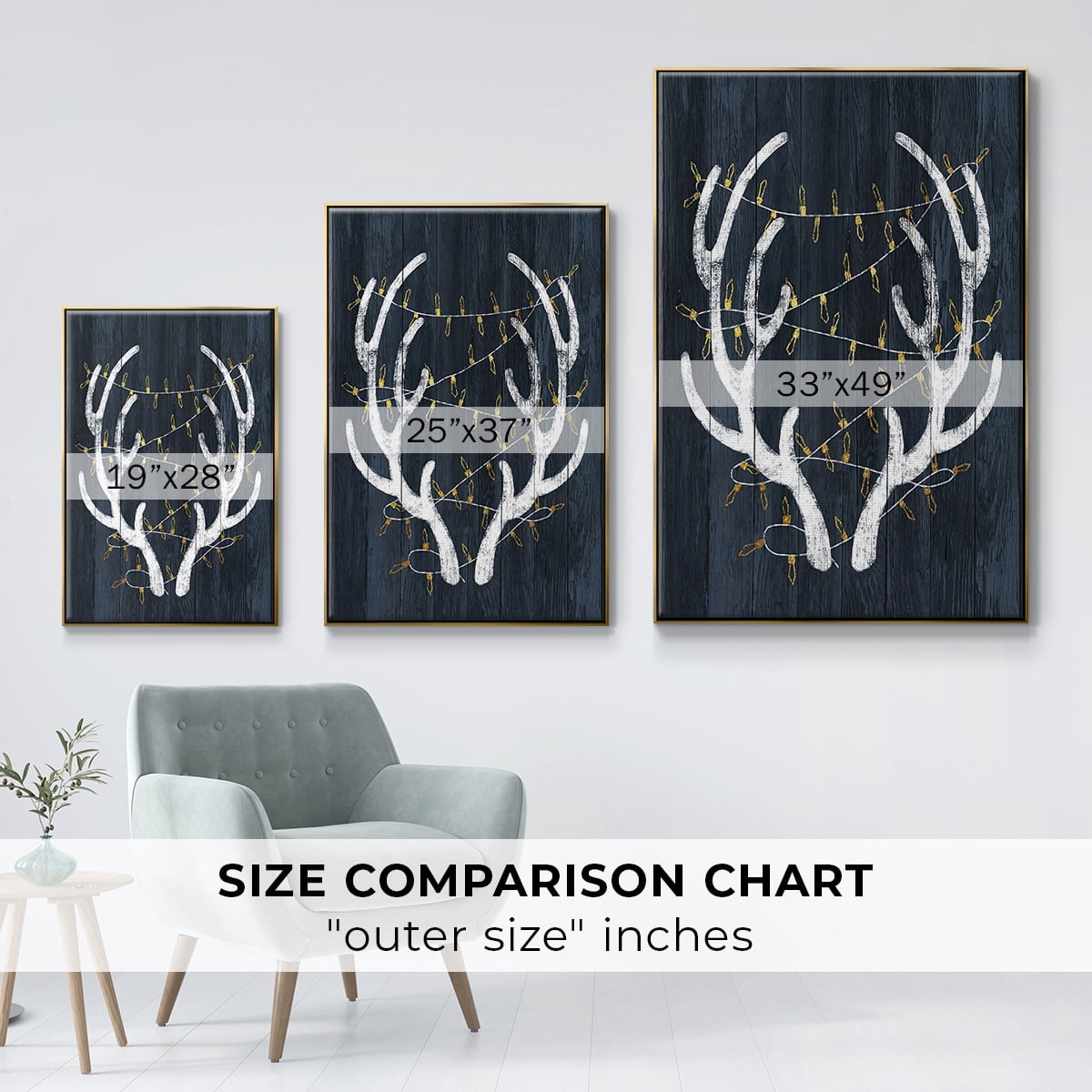 Antlers & Lights - Framed Gallery Wrapped Holiday Canvas - 25 x 37 - Gold Frame