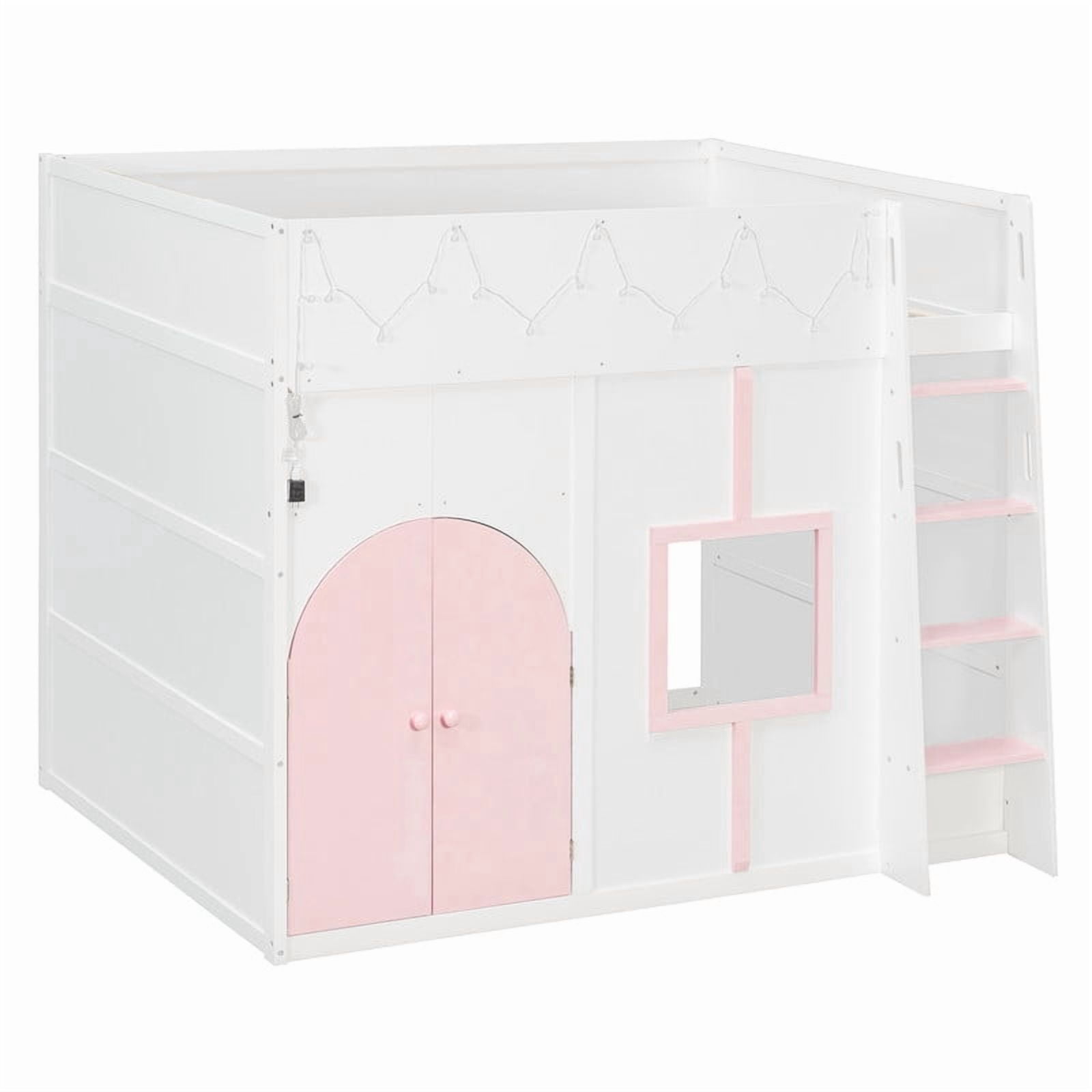 Full Size Playful Child Loft Bed with Doors & Window, Wood Kids House Bed Frame with Light Strip & Built-In Ladder
