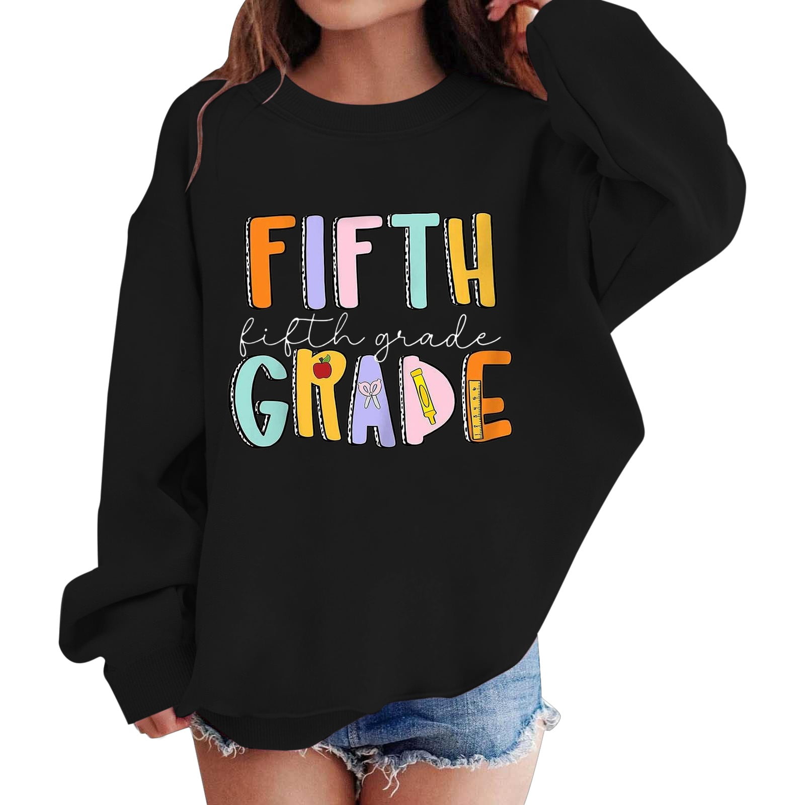 Mercatoo 𝗕ack to School Sweatshirt for Girl Fifth Grade Graphic Funny Colorful Letter Print Long Sleeve Pullover Tops for Kid
