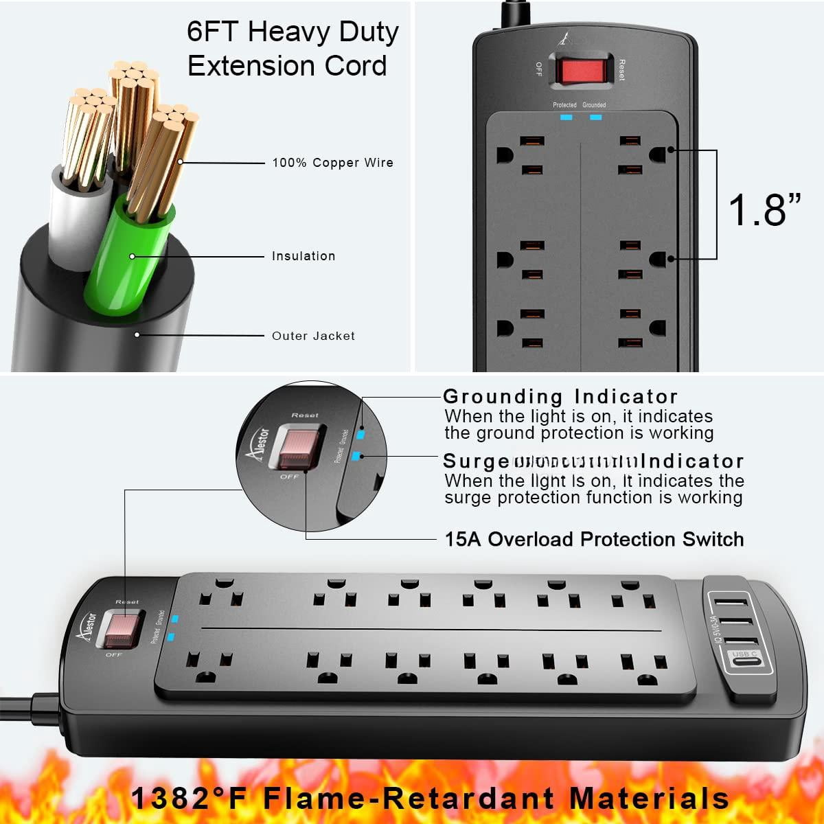 Power Strip  Surge Protector With 12 Outlets And 4 Usb Ports 6 Feet Extension Cord (1875w/15a) 2700 Joules Etl Listed Black