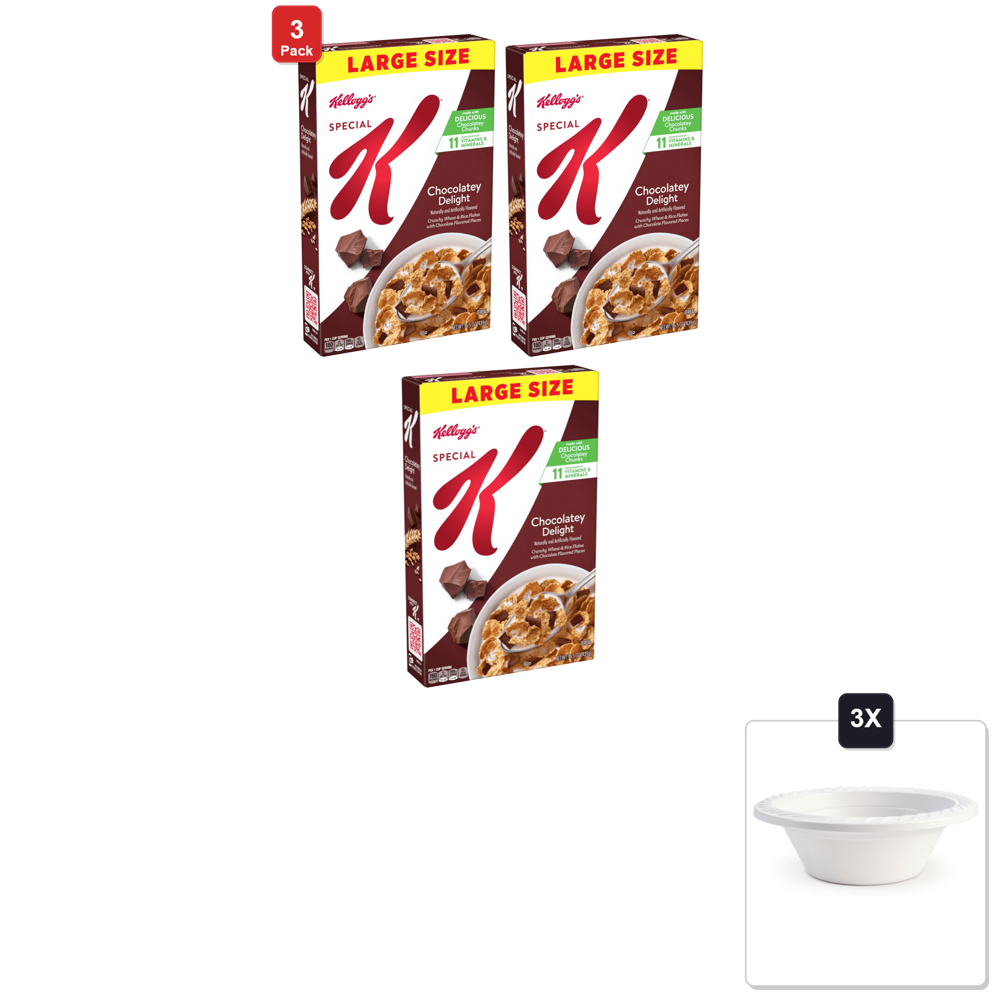 3 Pack | Kelloggs Special K Breakfast Cereal, Large Size, Chocolatey Delight, 15.5 oz & 3x 12oz Disposable Plastic Bowl