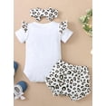 thumbnail image 4 of Baby Girl's  Leopard Letter Rainbow Print Ruffle Short Sleeve Romper + Shorts + Headband 3 Pieces, 4 of 9
