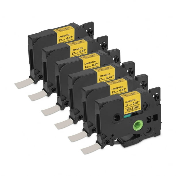 Cinta de etiquetas Qian QZe-631, 6 pack laminadas 12 mm de ancho 8 m de largo, Negro/Amarillo compatible con Brother P-Touch TZe HSe, resistente al agua y desgaste