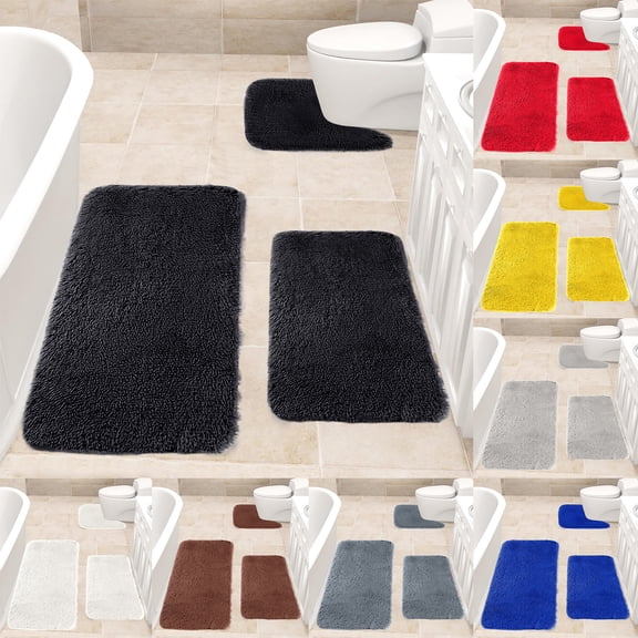 Nkmbld Bathroom Floor Mat Solid Color Bath Mats 3 Set Bathroom Rugs Soft Comfortable Toilet Mats Water Absorption Non-Slip Thick Machine Washable, Black