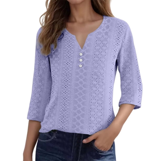 Top casual de mujer con manga tres cuartos y tejido jacquard, blusa elegante y cómoda para el día a día, tallas S-XXL