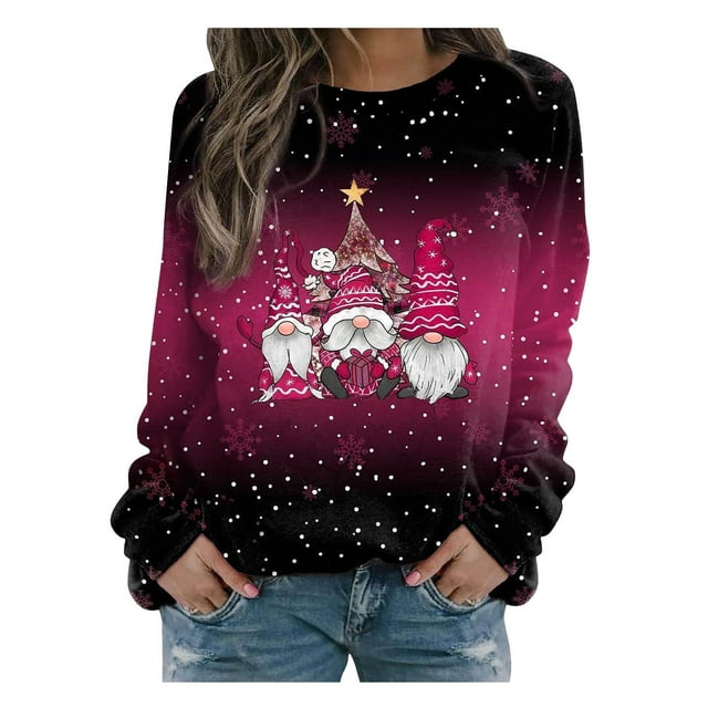 Japceit Chandails de Noël Aguichant pour Femmes Longs Chandails de Noël pour Femmes Chandail à Capuche Imprimé de Noël pour Femmes à Manches Longues à Col Rond Chandail Aguichant de Noël pour Femmes