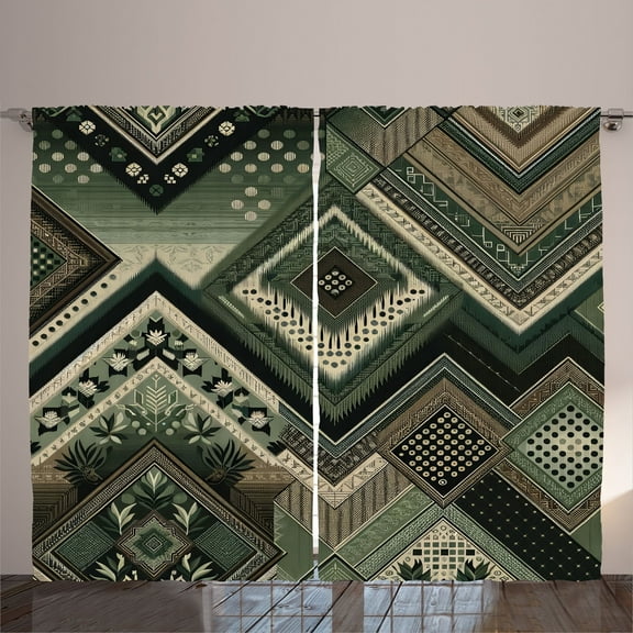 Ambesonne Boho Curtains 2 Panel Set, Modern Chevron Floral Dot Ikat, 108" x 108", Laurel Green Eggshell