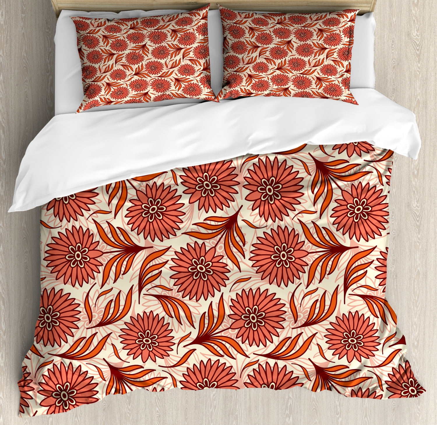 Coral King Size Duvet Cover Set, Nostalgic Pattern with Gerbera Remembering the Freshness of