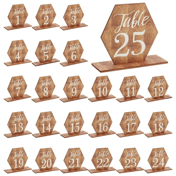 1 Set 25 Sets Table Numbers with Wooden Base Hexagon Wedding Reception Table Numbers Self Stand Wedding Centerpieces for for Banquet Restaurant Party Decor Small Business 3.3x3.3 inch