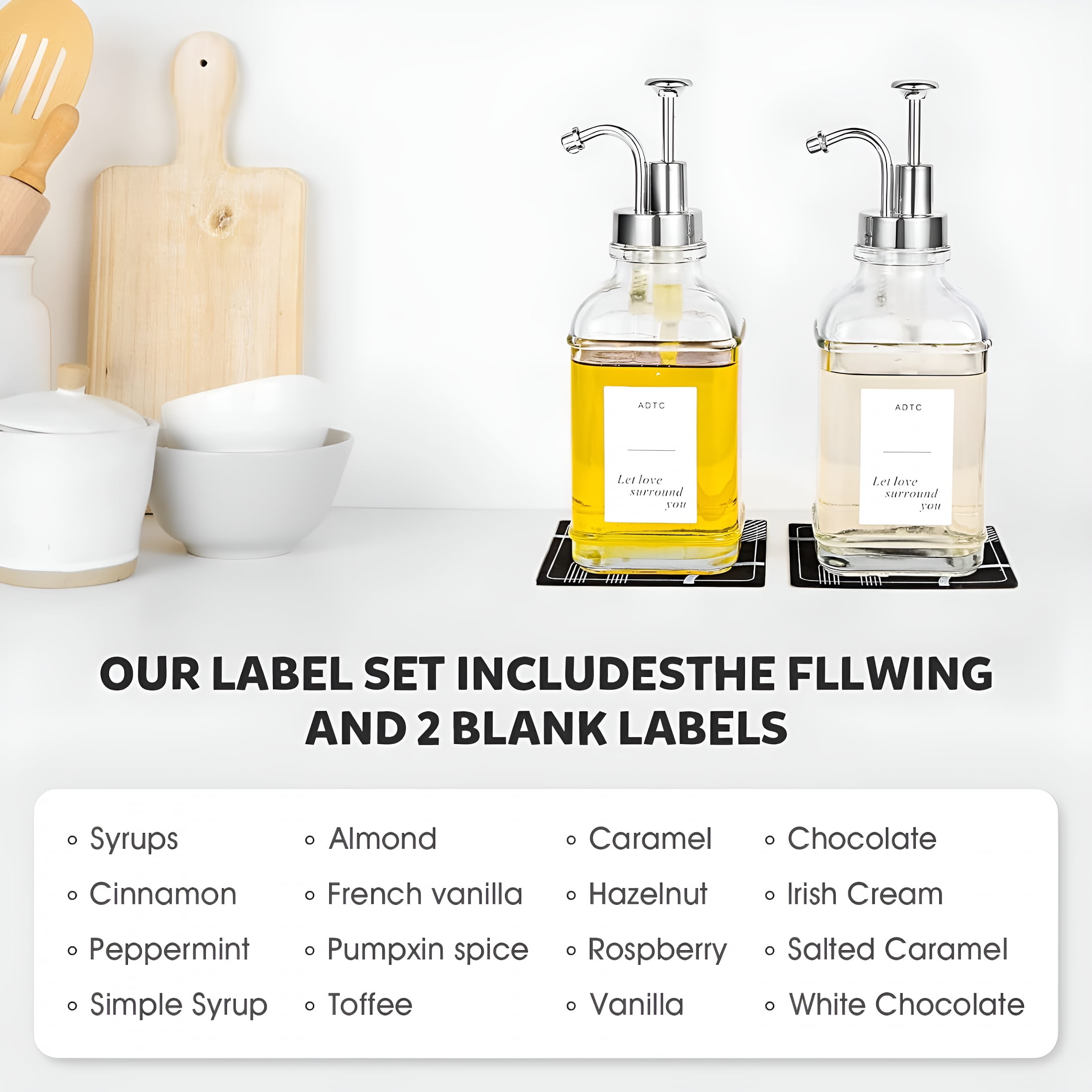 ACDANC 2026 New Coffee Syrup Dispenser,Syrup Dispenser,Glass Syrup Bottle with Pump,Syrup Bottle for Coffee,Glass Coffee Syrup Dispenser,Coffee Syrup Pump,Syrup Pump,22 Labels,16.9 Oz,2 Sets (Silver)