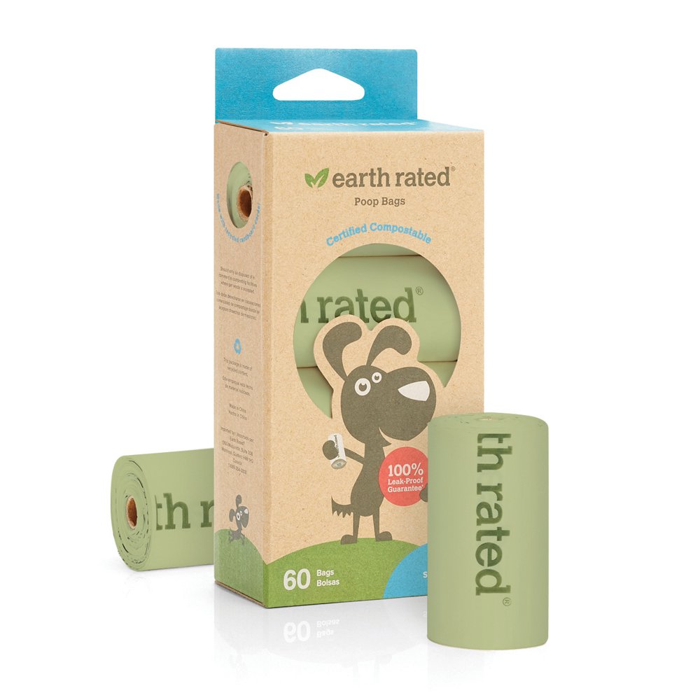Earth Rated® Dog Poop Bags, 60 Compostable Unscented Vegetable Starchbased Bags on 4 Rolls