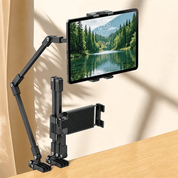 TIKBBRMG Phone Holder for Desk Bed, Adjustable Tablet Phone Stand Kindle for ipad stand with Flexible Tablet Arm Clamp Compatible with iPhone 17 16 15 Pro iPad Kindle Galaxy Tab 4-7.1 inch Devices