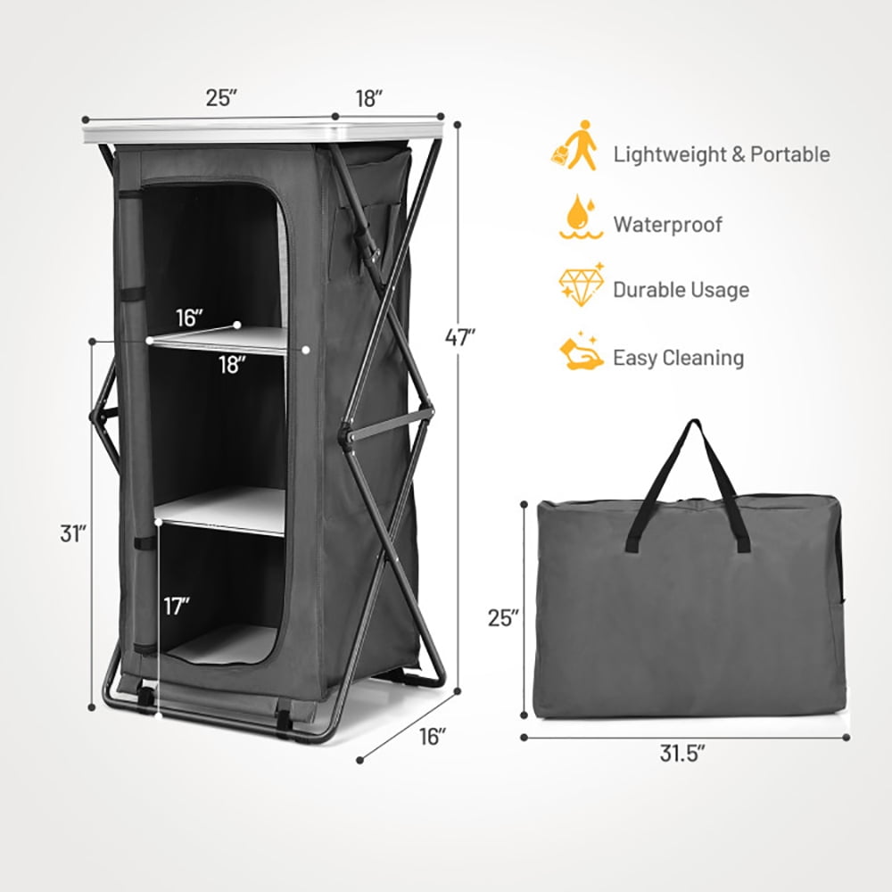 Aimee Lii Folding Camping Storage Cabinet with 3 Shelves and Carry Bag, Easy Set Up Portable Camping Kitchen, Gray-L