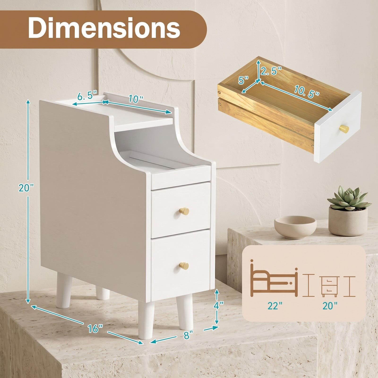Furnibear Narrow Nightstand with Pull-out Tray and 2 Storage Drawers, Slim Solid Wood Bedside Table for Small Spaces and Tight Corners, White
