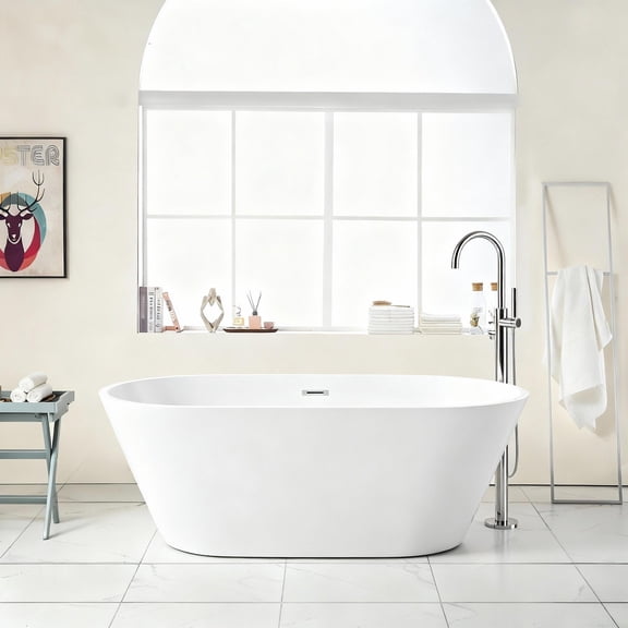 59" Acrylic Freestanding Bathtub, Stand Alone Soaking Tub, Gloss White Finish, Chrome Overflow & Pop-Up Drain
