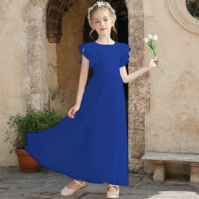 Girls Sleeveless Flower Girl Dress, Solid Color A-Line Ruffle Shoulder Dress for Junior Bridesmaid, First Communion and Birthday Party Occasions Blue 140