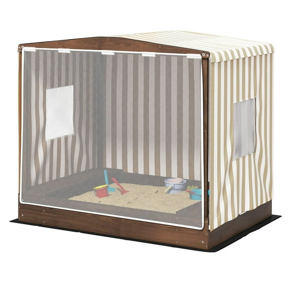 Kids Wooden Sandbox with Canopy, 56" x 40" x 52", Brown - Outdoor Play Area with Bench Seats & Liner