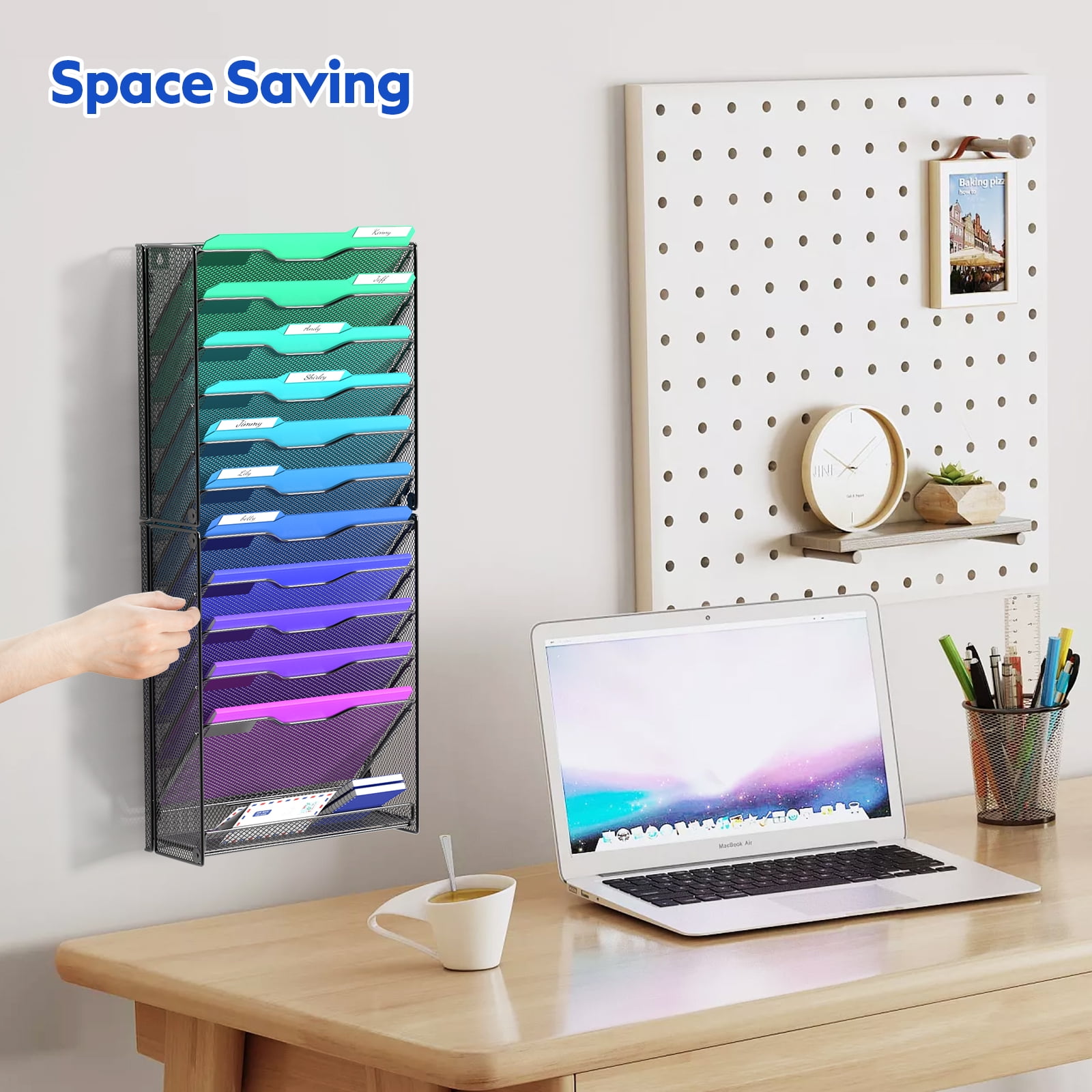 Samstar 12 Tier Wall File Organizer, Hanging Wall Mount File Holder Paper Folder Mail Organizer, Mesh Metal, Black.
