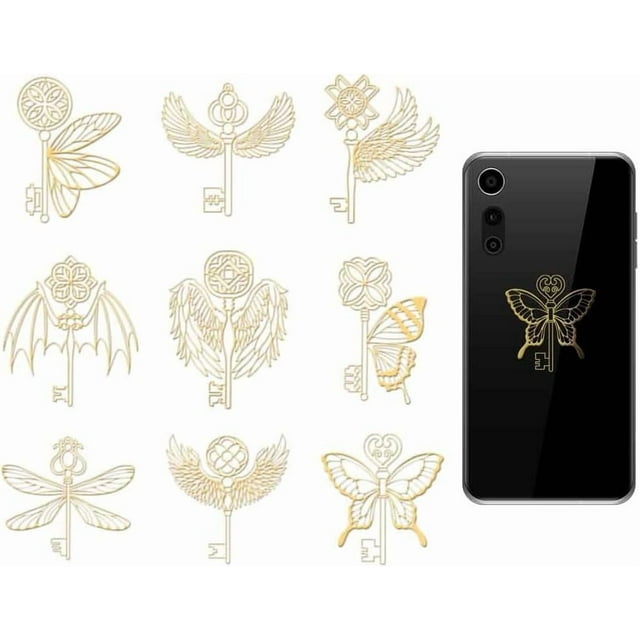 9 pegatinas de llaves y alas de 1,6 x 1,6 pulgadas, de metal dorado, autoadhesivas, decorativas, para álbumes de recortes, con borde metálico y estampado dorado.