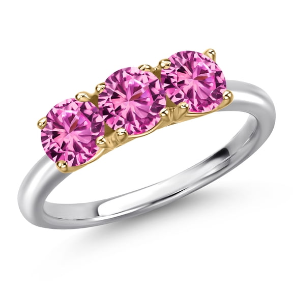 Gem Stone King 10K Two Tone Gold Pink Created Sapphire Engagement Ring for Women | 1.65 Cttw | Round 5MM | Gemstone September Birthstone | Size 6