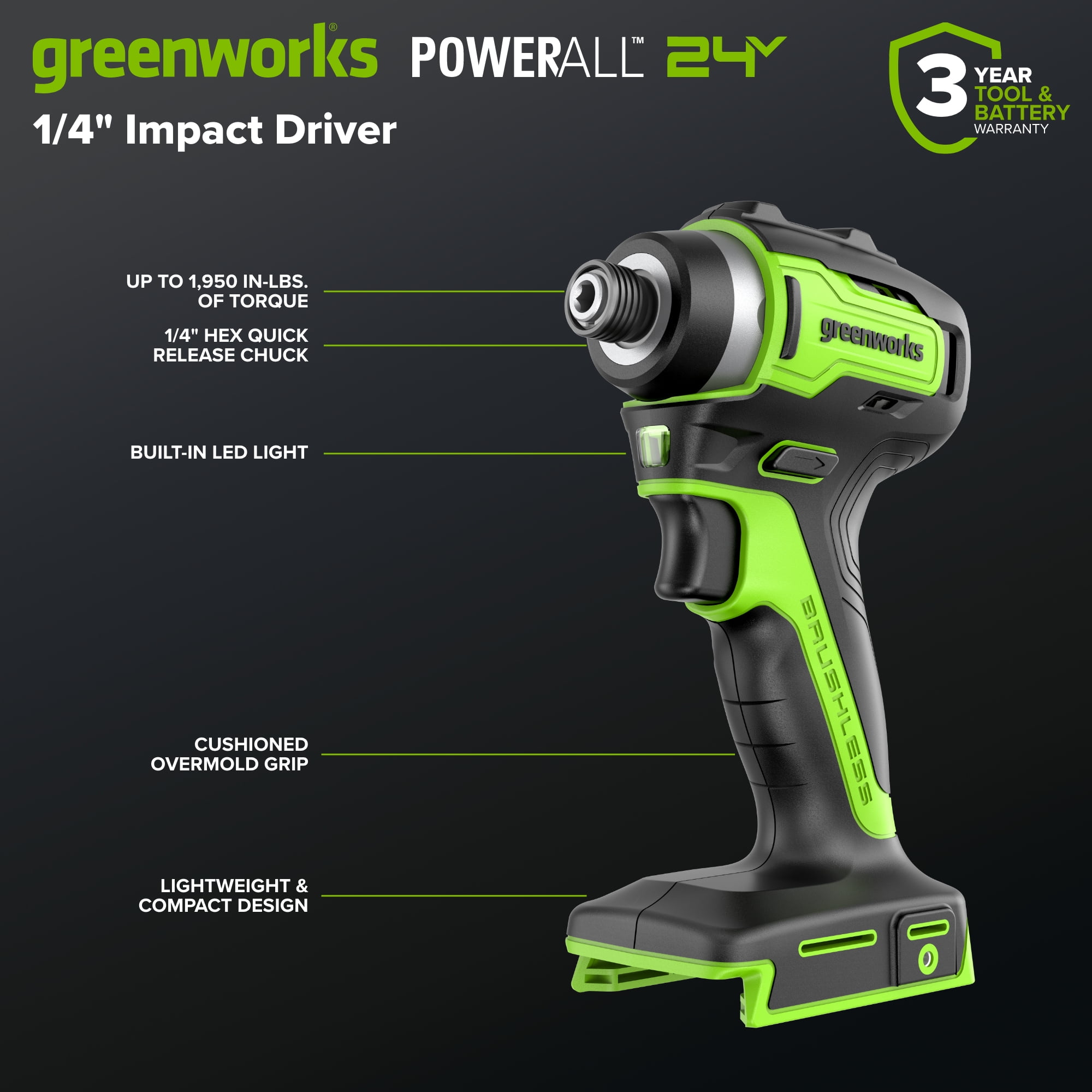 Greenworks 24V Cordless Brushless 400 in-lbs Drill/Driver+1950 in-lbs Impact Driver Combo,High Torque, Lightweight,w/(2) 2.0Ah USB-C Batteries,12000mAh Power Bank and 65W 3-Port USB-C Fast Charger