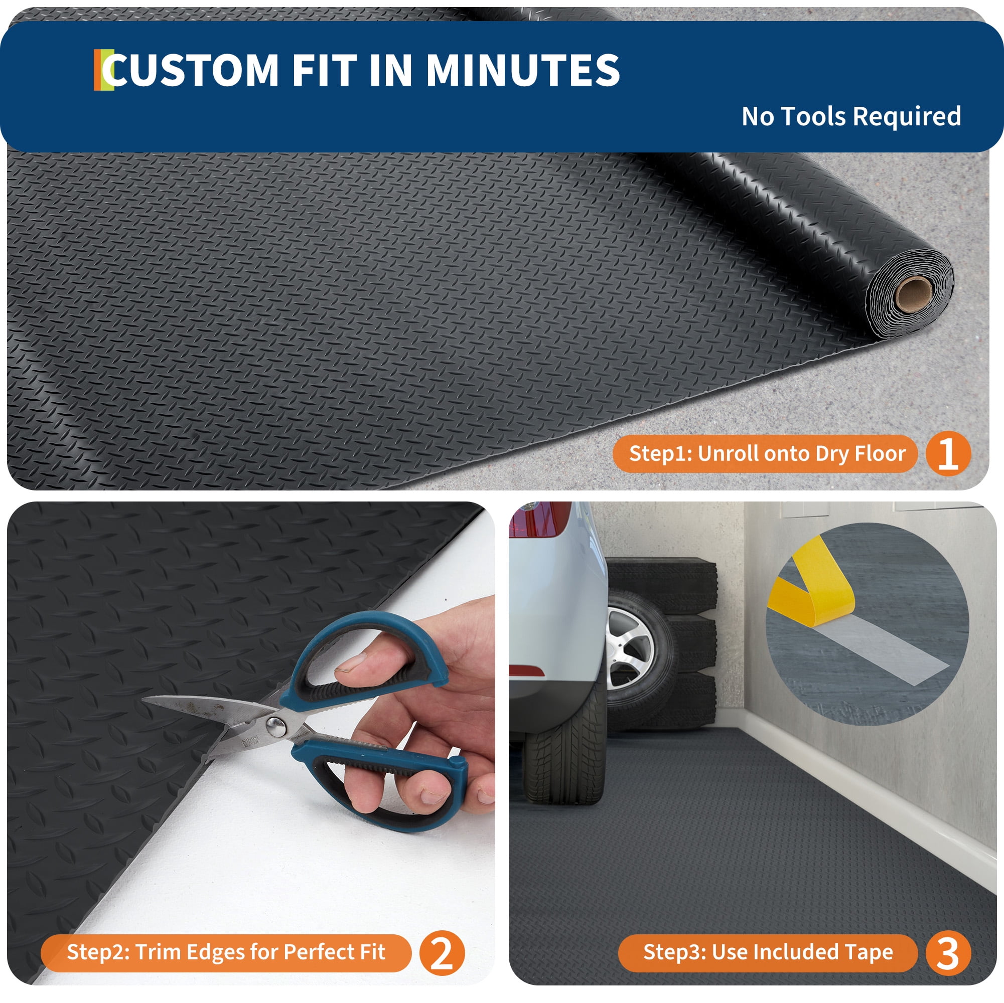 Durable Non-Slip Garage Floor Mat for Car, SUV, Truck Parking – 2.8mm Thick Diamond Plate PVC Roll – Protective Flooring for Garage, Workshop – 7.5x17FT, Black