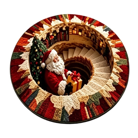 3D Optical Christmas Round Rug With Santa In Spiral Staircase Design Holiday Area Mat For Living Room And Bedroom(Beige-60cm)
